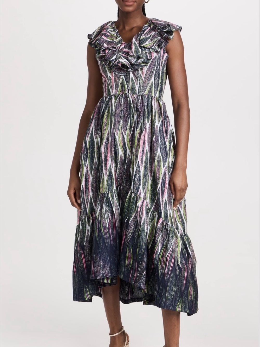 Sika Multi-Color Ruffle-Neck Sleeveless Midi Dress NEVER WORN
